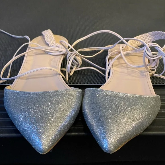 “J. CREW”, Women, Sz 7.5, Silver Sparkle Glitter w/Beige Ankle Tie-Up Flat Shoes - Picture 5 of 9